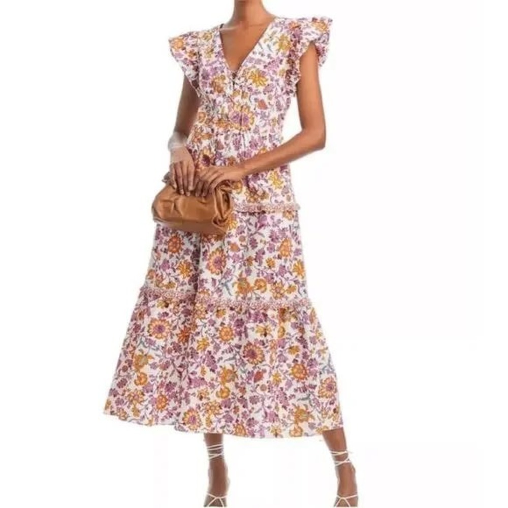 Derek Lam 10 Crosby Fatima Smocked Floral Tiered Midi Dress Size 4 - Picture 1 of 4